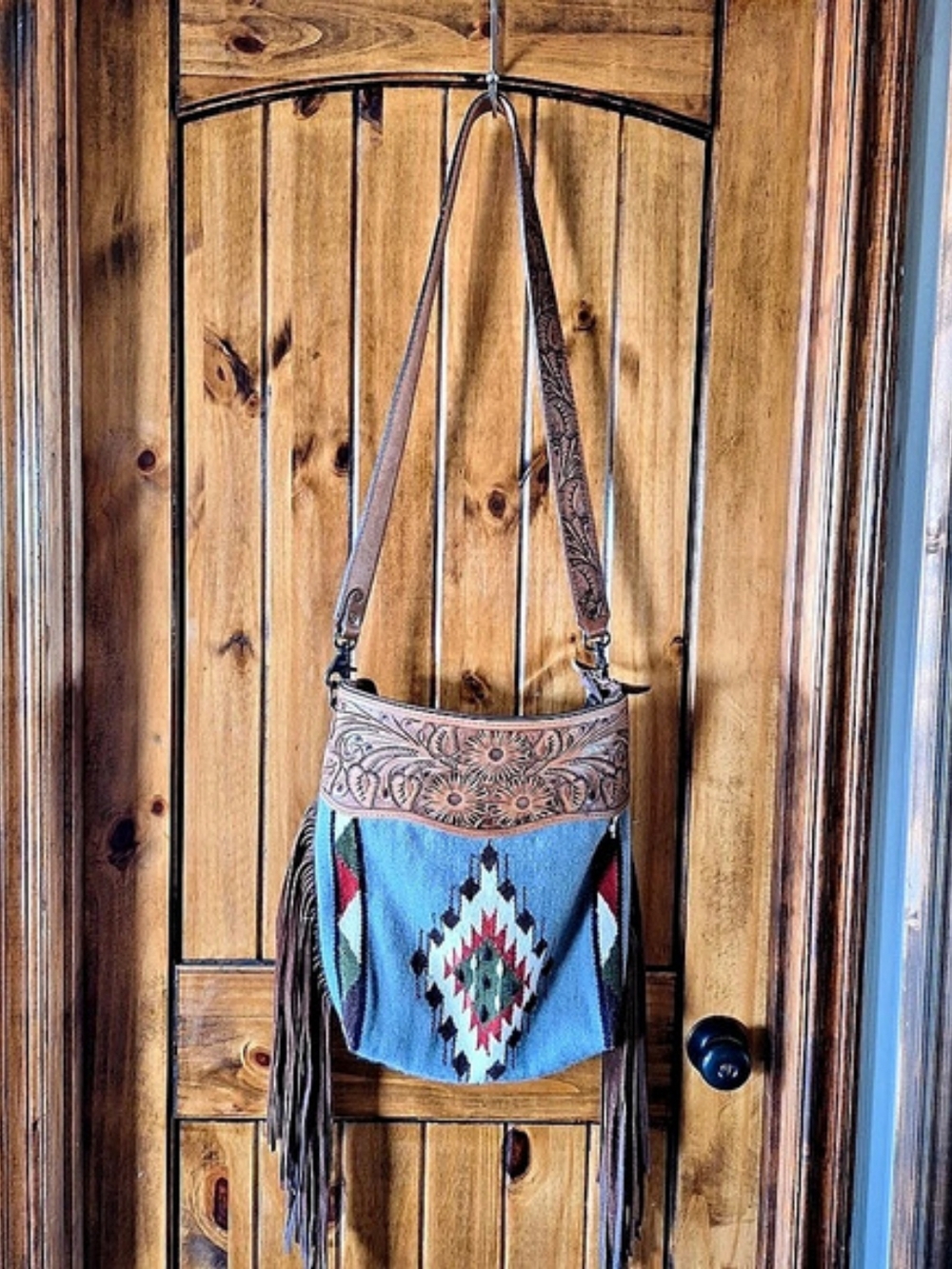 American Darling Hand Tooled Floral & Hand Woven Saddle Blanket Large Cross Body